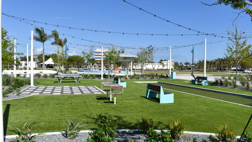 Park area with seating and life size chess board