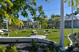 Public seating area with lush landscaping