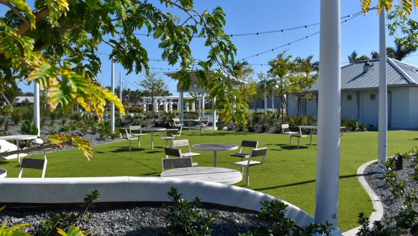 Public seating area with lush landscaping